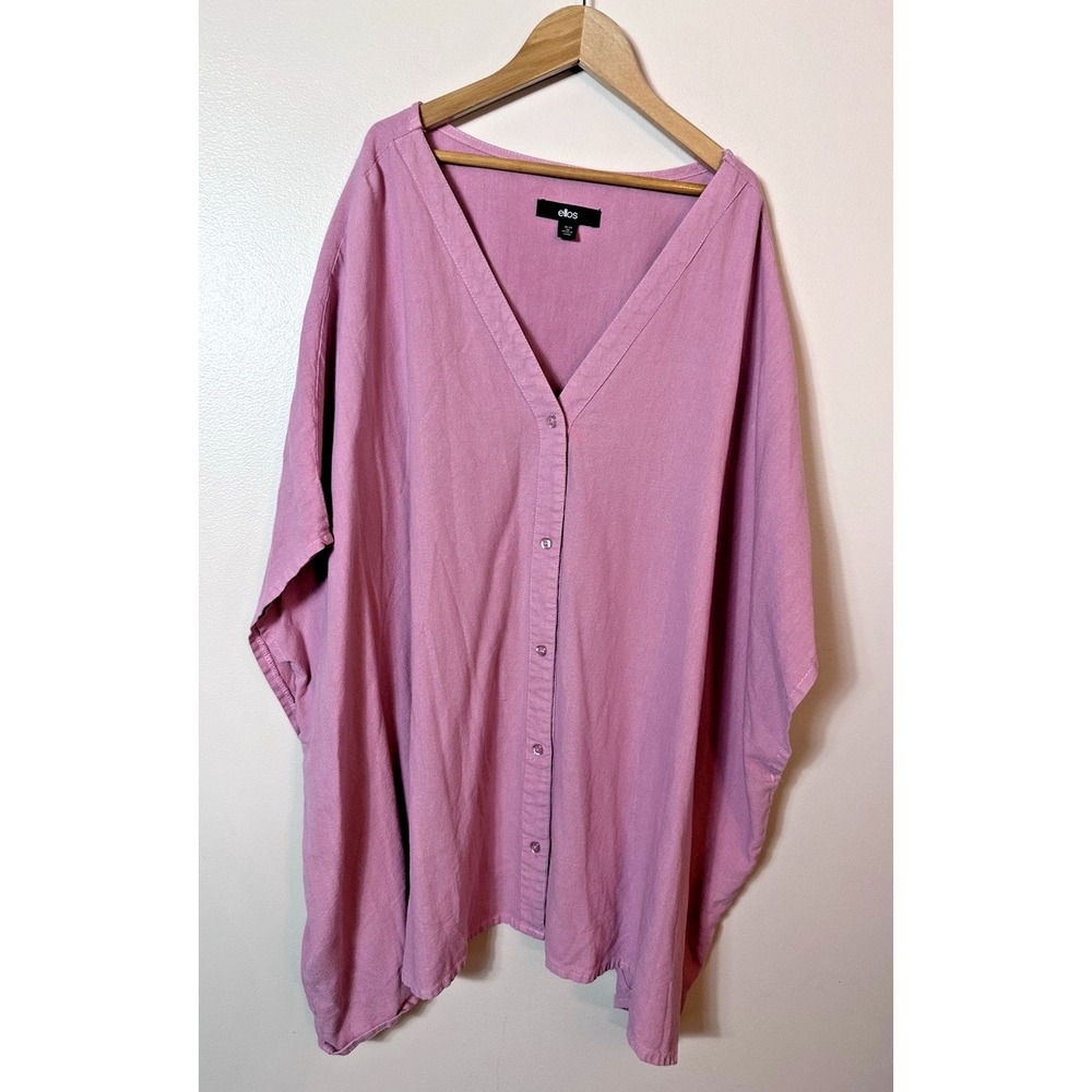 Ellos Top Womens Plus Size 2X Pink Linen Blend Poncho Button Lagenlook Hanky Hem
